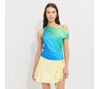 Shein Top de un solo hombro en degradado de verde océano y azul con detalle de broche de estrella de mar. Una opción vibrante para fiestas en la playa, 4 de