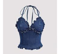 Shein Top de verano con cuello halter de denim vintage, elástico, para festival de música, Pascua o concierto country
