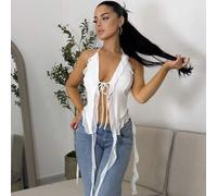 Shein Top de verano romántico blanco con borde de volantes, cinta y flor 3D, cuello con lazo, top de mujer para concierto, top sexy casual de verano