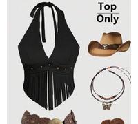 Shein Top halter sin espalda con flecos, estilo vintage vaquero bohemio country para conciertos, vacaciones, hippie, uso occidental para mujeres en festival