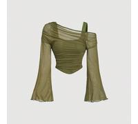Shein Top largo de mujer con mangas trompeta de 2 en 1 con hombros descubiertos y malla, estilo occidental, vintage, de los 70, The Bachelorette