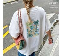 Shein Top Oversize Primavera/Verano, 100% Algodón, Camiseta de Manga Corta para Mujer, Estampado de Palmera de Coco IBIZA Sand Island, Cuello Redondo, Suave