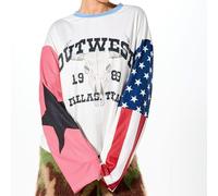 Shein Top Oversized de Manga Larga con Ajuste Corto Out West 1989 Texas con Estampado de Calavera de Toro, Manga con Bandera Americana y Diseño de Bloques d