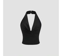 Shein Top sin espalda ceñido de cuello halter en V profundo negro, súper elástico, suave y cómodo, minimalista, casual, versátil para vacaciones diarias, pa