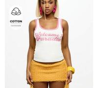 Shein Top sin mangas con estampado gráfico "Bienvenido al Paraíso" y ribete de contraste, top casual de verano para mujer