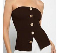Shein Top sin mangas de color café marrón con diseño de botón de metal de única, elegante y romántico uso diario, blusa casual básica de negocios de moda mi