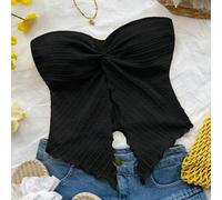 Shein Top tubo de punto texturizado amarillo ganso para mujeres con abertura anudada al frente medio y borde ondulado, ajuste ceñido para uso en fiestas, va