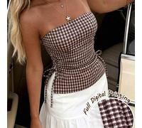 Shein Top tubo retro francés a cuadros , favorito de bloggers de Ins, estilo americano retro de verano en marrón y blanco, con lazo lateral, cintura ceñida,