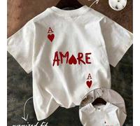 Shein Tops oversize de primavera/verano, 100 % algodón, camisetas de manga corta para mujer, estampado divertido de cartas de juego de corazones y ases, cue