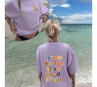 Shein Tops oversize de primavera/verano, Tops 100 % algodón, Camisetas de manga corta para mujer, Estampados con el eslogan "You Deserve All the Good Things