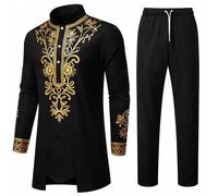 Shein Traje Dashiki de Oriente Medio para hombres de talla grande, conjunto de camisa y pantalones africanos, elegante negro y dorado, ropa de otoño para in