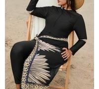 Shein Traje de baño burkini de 2 piezas con estampado floral y de rayas para mujeres de talla grande, estilo modesto del Medio Oriente
