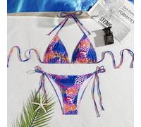 Shein Traje de baño con espalda descubierta y tirantes finos, conjunto de bikini con estampado de leopardo y lazos, top de bikini con espalda descubierta y