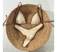 Shein Traje de baño de 2 piezas con tirantes ajustables, escote en la espalda, lunares en el lateral y corte alto en color marrón y albaricoque, un bikini d