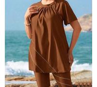 Shein Traje de baño de dos piezas para mujer de talla grande, unicolor, con confección especial, estilo joven del Medio Oriente, acolchado desmontable, mang