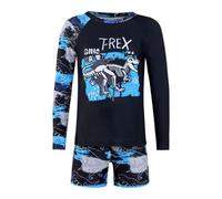 Shein Traje de baño de dos piezas para niños preadolescentes, con un diseño único de estampado de dinosaurio. El color de base azul se combina con un estamp