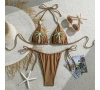 Shein Traje de baño de mujer - Elegante y sexy bikini de estilo vintage con decoración oceánica, bikini de un solo color para vacaciones/playa, traje de bañ