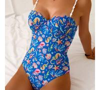 Shein Traje de baño de una pieza con aros, tirantes de espagueti y corte alto con recogido, con estampado de temática oceánica, para mujeres en vacaciones d