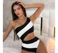 Shein Traje de baño de una pieza con bloque de color y un solo hombro para mujer, ideal para nadar, vacaciones y playa en verano