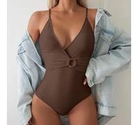 Shein Traje de baño de una pieza con correa conectada de unicolor para mujer, vestimenta de resort de moda