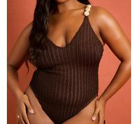 Shein Traje de baño de una pieza con cuello de halter, detalles de cuentas y arruga, para uso en verano, playa, vacaciones y clubes de playa, color marrón,