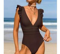 Shein Traje de baño de una pieza con escote en V con volantes y espalda descubierta, de unicolor y patchwork, para vacaciones y playa en verano