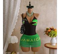 Shein Traje de baño de una pieza con estampado de iconos de letras sexy de estilo europeo y americano, con escote profundo en V, fruncido y de malla, para m