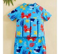 Shein Traje de baño de una pieza con estampado de patrón de color gradiente de tiburón de dibujos animados lindo y diferencia de dopamina, adecuado para pla