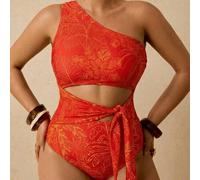 Shein Traje de baño de una pieza con estampado de plantas tropicales verdes y cortes con lazo delantero, para uso casual de vacaciones en tallas grandes