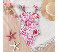 Shein Traje de baño de una pieza con estampado floral tropical y lazo decorativo para niña pequeña para playa y vacaciones de verano, a juego con mamá e hij