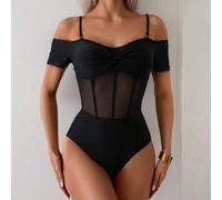 Shein Traje de baño de una pieza con hombros descubiertos, manga corta y malla calada con contraste de espina de pescado, para verano y vacaciones en la pla