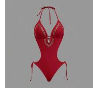 Shein Traje de baño de una pieza con tirantes de cuello y tachuelas para mujer, adecuado para vacaciones en la playa, fiesta en la piscina, fiesta en la pla