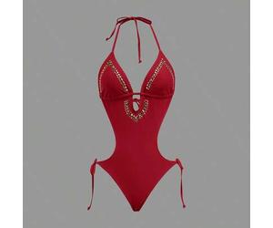 Shein Traje de baño de una pieza con tirantes de cuello y tachuelas para mujer, adecuado para vacaciones en la playa, fiesta en la piscina, fiesta en la pla