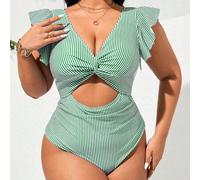 Shein Traje de baño de una pieza de moda sexy con cuello en V a rayas y cintura hueca para mujeres de talla grande, vestimenta de resort