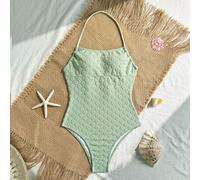 Shein Traje de baño de una pieza de mujer con estampado jacquard de unicolor y cuello halter