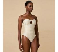 Shein Traje de baño de una pieza de mujer con tela texturizada especial, elegante y asimétrico con accesorio metálico ondulado para vacaciones