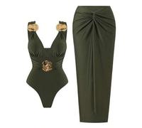 Shein Traje de baño de una pieza de unicolor elegante + falda larga con decoración dorada redonda, conjunto de ropa de playa y resort sexy para cena de vaca