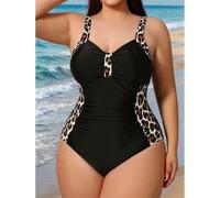 Shein Traje de baño de una pieza elegante con estampado de leopardo y parches para mujer de talla grande - Ropa de playa lavable a máquina, elástica, de tel