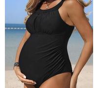 Shein Traje de baño de una pieza negro de maternidad versátil y cómodo con escote de halter, adecuado para vacaciones de verano en la playa, escuela, citas,