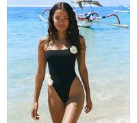 Shein Traje de baño de una pieza negro tipo bandeau con decoración floral 3D y diseño de corte en la cintura, de estilo elegante y llamativo para resort