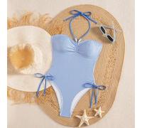 Shein Traje de baño de una pieza para mujer 2026 nuevo, elegante y sexy para vacaciones de verano en la playa, de tela blanca texturizada, cuello halter, ti