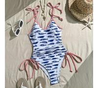 Shein Traje de baño de una pieza para mujer, con cintura fruncida y cordón, estampado aleatorio con temática oceánica, con tirantes de color contrastante