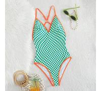 Shein Traje de baño de una pieza para mujer, deportivo casual, a cuadros verdes, para vacaciones en la playa - Cuello en V, ribete en contraste, piernas con