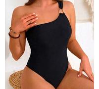 Shein Traje de baño de una pieza para mujer talla grande sin mangas con un hombro y detalle de anillo metálico elegante, de tela de punto elástica para play
