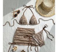 Shein Traje de baño para mujer con decoración de conchas, conjunto de bikini con sujetador halter, Bottom y falda pareo, traje de baño de playa de verano