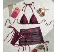 Shein Traje de baño para mujer con decoración de conchas, conjunto de bikini con sujetador halter, Bottom y falda pareo, traje de baño de playa de verano