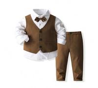 Shein Traje de fiesta para niño joven con estilo europeo y americano, conjunto de 3 piezas con chaleco, camisa de manga larga y pantalones