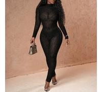 Shein Traje elegante, sexy y para fiestas: Mono de manga larga con cuello alto negro para mujer, con tela flada transparente con estampado de leopardo, larg