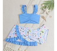 Shein Trajes de baño para niñas - Conjuntos de bikini para niñas pequeñas - Conjunto de falda con tirantes ajustables de flores azules y mariposas de punto