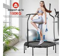 Shein Trampolín de fitness plegable de Ø128 cm, mini trampolín interior/exterior, suspensión silenciosa de cuerda de goma, asas ajustables en altura, capaci
